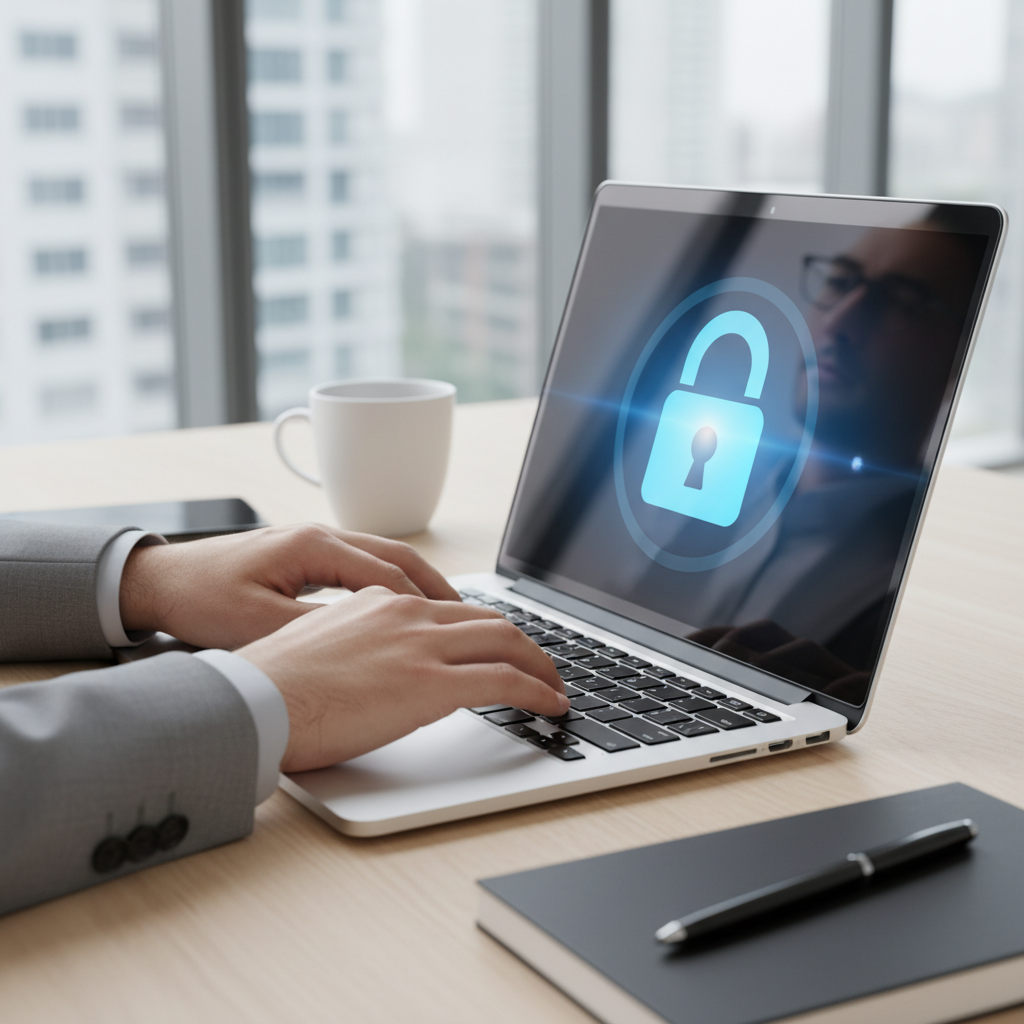 Hands typing on laptop with padlock security icon on screen