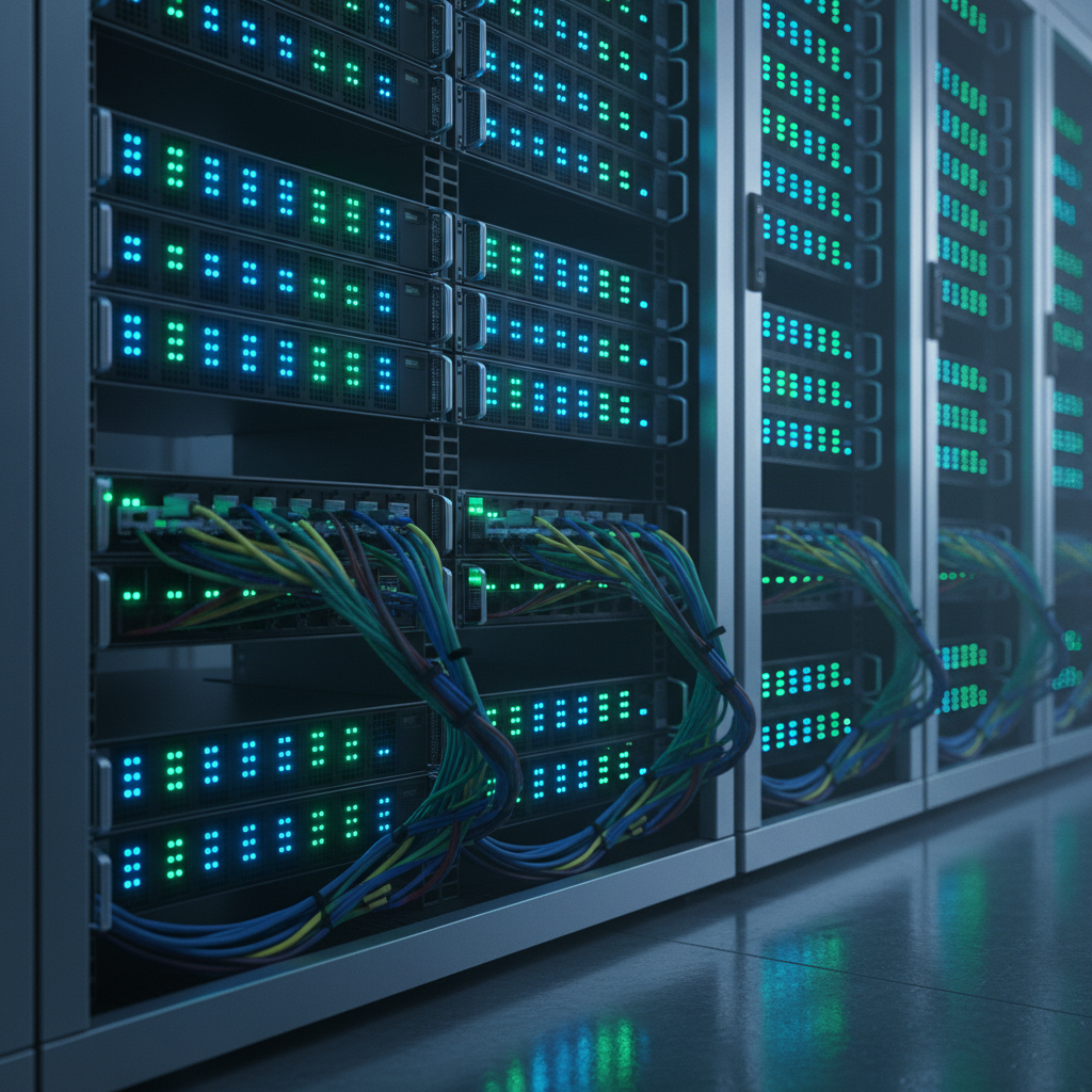 Server room with blinking LEDs and network cables