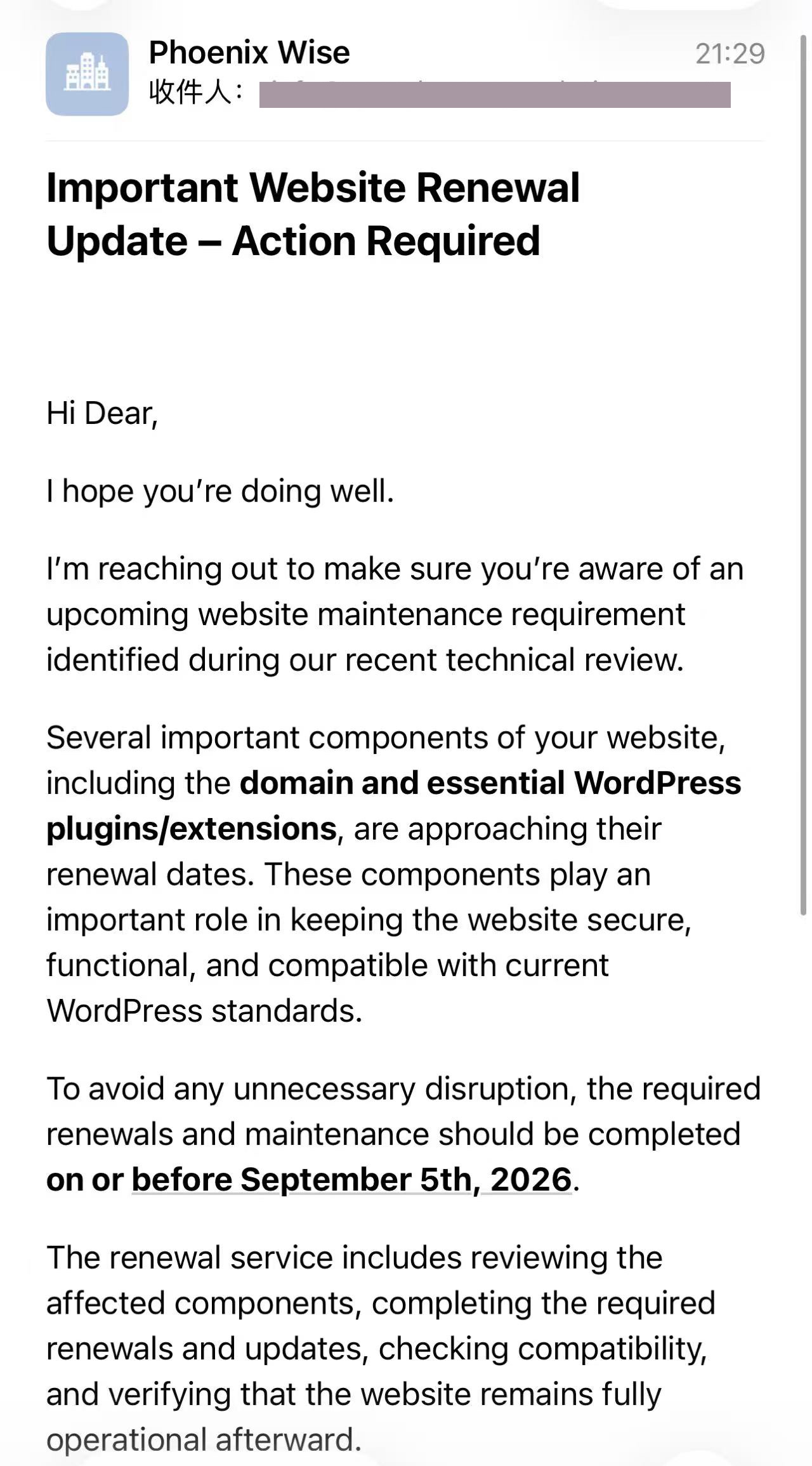 Screenshot of the scam email a client received