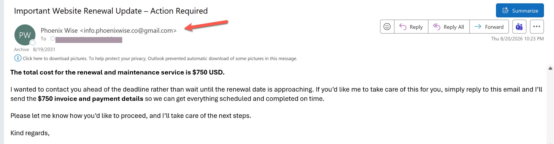 Close-up of the scam sender address